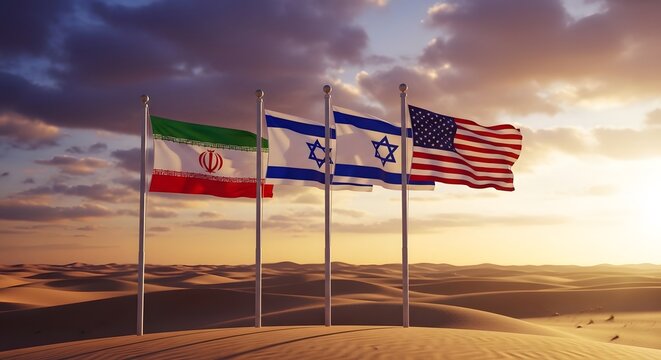 Flags of iran israel and the united states in the desert