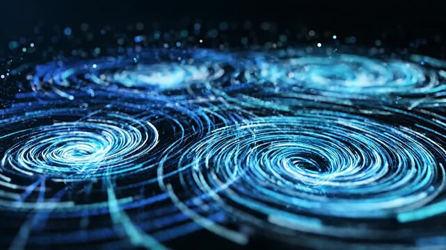 Dynamic swirling blue particles forming digital patterns on dark background