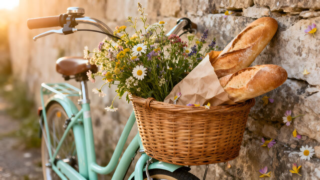 Vintage bicycle with basket of flowers and bread: A charming vintage bicycle with a woven basket overflowing with fresh flowers and two loaves of crusty bread leans against a rustic stone wall.
