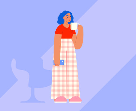 Woman standing at home in casual wear holding coffee mug. Flat vector illustration.