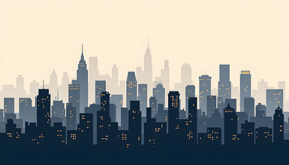 Fototapeta premium Silhouette of Modern City Skyline with Skyscrapers and Bright Windows at Dusk