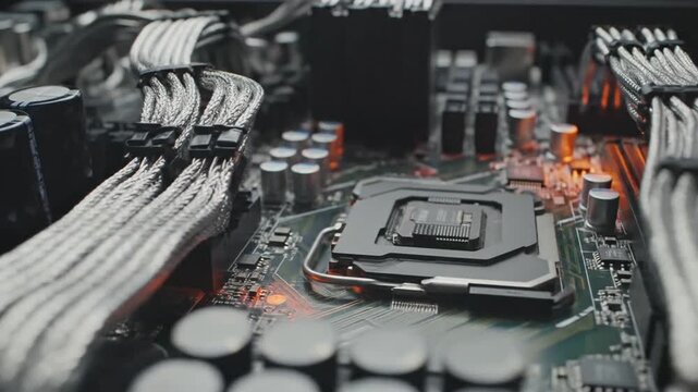 Complex Computer Motherboard with Silvery Wires and Processor