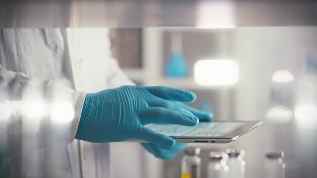 A gloved healthcare worker precisely controls a digital tablet. Providing optimal patient care in a sterile hospital environment. A concept for modern work with digital media
