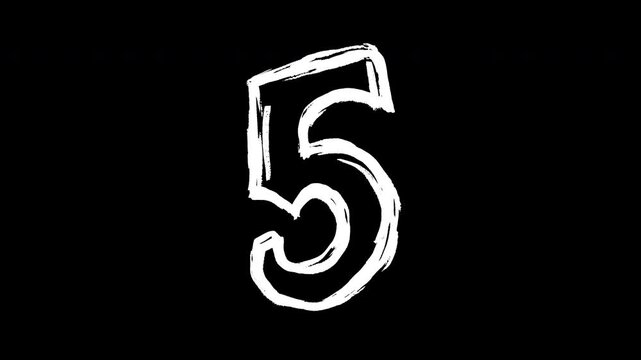 Vibrant abstract art hand drawn number five on black background. Scribble 2d animation element in modern grunge fashion style with alpha matte channel and version isolated on chroma matte color.