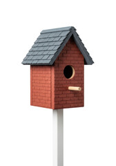 ultra-detailed miniature brick birdhouse with slate roof on a white pole, isolated centrally against a seamless transparent studio background with copy space. concept of permanence and new home
