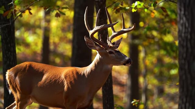 A majestic deer with impressive antlers stands amidst a sun-dappled forest, autumn colors