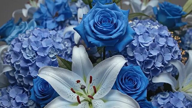 A beautiful arrangement of white lilies, blue roses, and hydrangeas creates