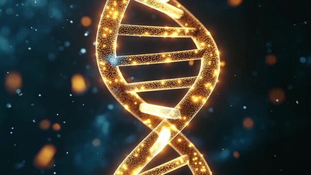 The image shows a 3D model of a DNA double helix with shining particles in a dark background