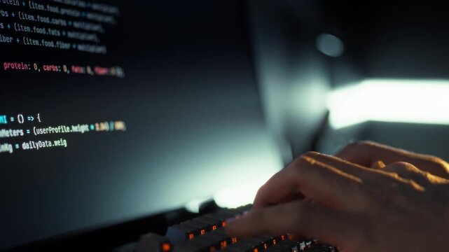 A skilled software developer rapidly enters intricate code on a computer, utilizing artificial intelligence to streamline the website development process