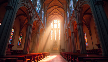 Naklejka premium Sunlight Streaming Through Gothic Cathedral Interior with Stained Glass Windows and High Vaulted Ceilings