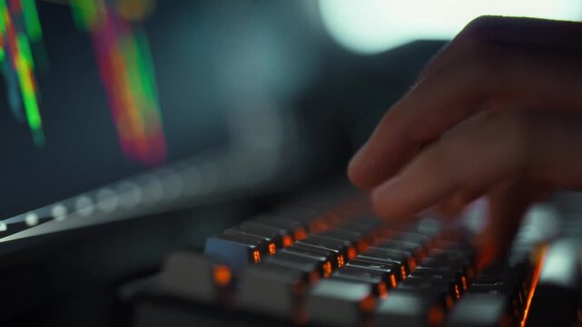 Venture analyst closely examines candlestick chart on computer screen, watching real-time green and red fluctuations that indicate market volatility and impact investment earnings in finance sector