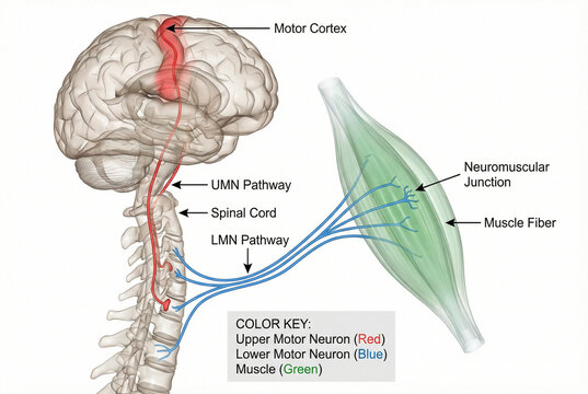 Detailed 3D medical illustration of upper and lower motor neurons side by side