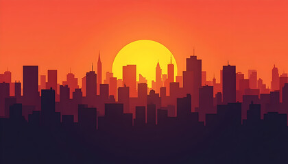 Fototapeta premium Sunset Skyline of a Modern City with Orange and Yellow Sky and Tall Buildings