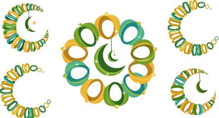 Set of 5 Green and Gold Ramadan Crescent Moon and Lantern Vector Illustrations