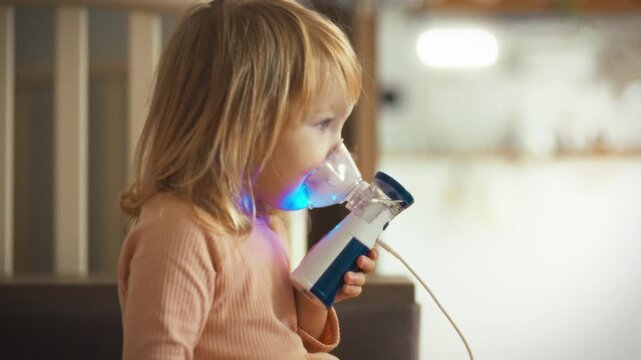A child's hand firmly grips a handheld inhaler to self-administer asthma medicine, easing respiratory tract congestion, cough, and mucus buildup in the lungs