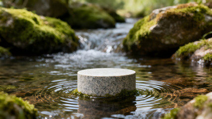 Podium Amidst Serenity: A stone podium rests gracefully in a crystal-clear stream, encircled by moss-covered rocks.