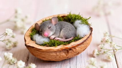 Dreamy Slumber in the Walnut Shell: A tiny, gray mouse finds peaceful rest nestled in a cozy walnut shell, cushioned by soft moss and delicate blooms. Envision serenity in nature's embrace.