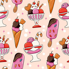 Cotton fabric Ice cream sundae and popsicle seamless pattern with chocolate dipped cones and cherries on top in a cute hand drawn cartoon style for summer apparel and textile backgrounds
