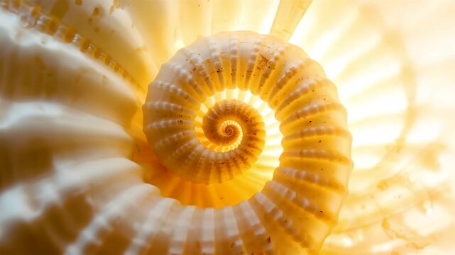 Golden spiral seashell macro with radiant sunlight rays creating glowing natural pattern and warm marine texture detail