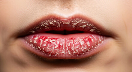 Obraz premium Extreme close up of dry cracked red lips with peeling skin mouth