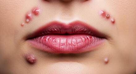 Naklejka premium Close up of lips with acne and cold sores on skin mouth pimple