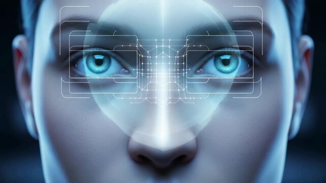 Biometric iris scanning technology performs a digital facial analysis on a person in a dark blue high tech environment setting.