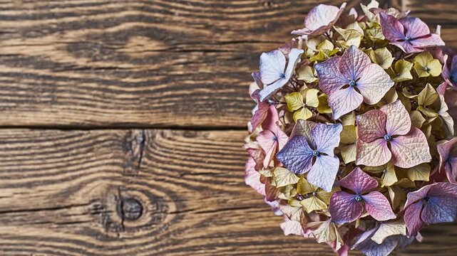 Dried hydrangea flowers on rustic wooden background in natural light