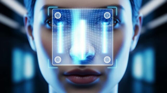 Facial recognition software scanning a woman face for digital security identity verification on a dark background.