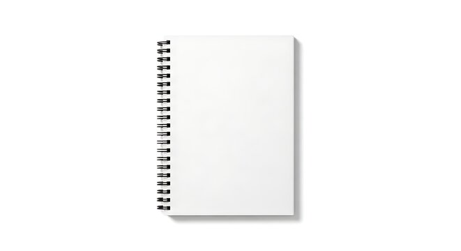 A blank white spiral bound notebook with black wire binding on white background