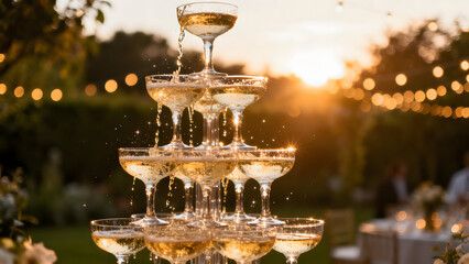 Fototapeta premium Sparkling Pyramid of Celebration: Champagne cascading gracefully into a towering pyramid of glasses, illuminated by the warm glow of the setting sun, creating a picture of celebratory elegance.