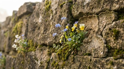 Tiny Wildflowers Grow Through Stone Wall Cracks