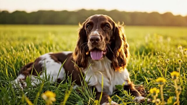 Beautiful English Springer Spaniel Dog Resting in Lush Green Grass Field with Wildflowers in Sunlight