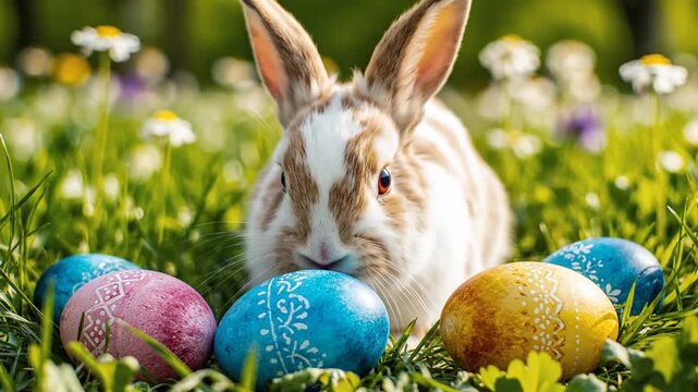 Brown and white rabbit with decorated Easter eggs in spring grass