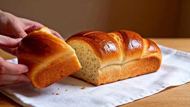 Loaf of baked bread on cloth