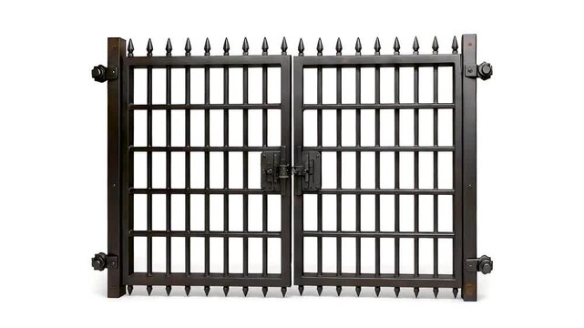 Heavy Metal Security Gate with Iron Bars and Central Lock Mechanism Isolated on Neutral Surface Showing Strong Protective Barrier