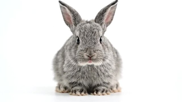 A gray rabbit with long ears and fluffy fur sits on a white background
