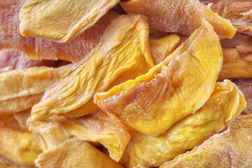 Close up of dried slices of sweet mango.