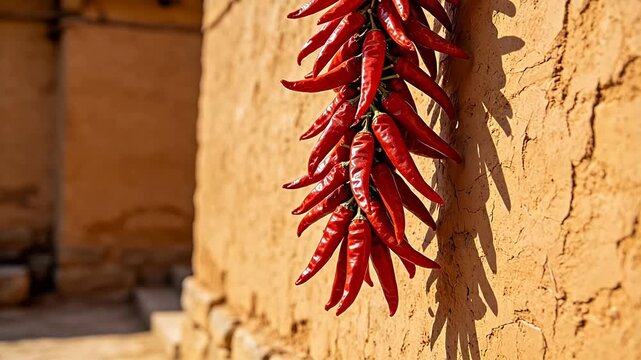 Dried red chili peppers hanging on wall
