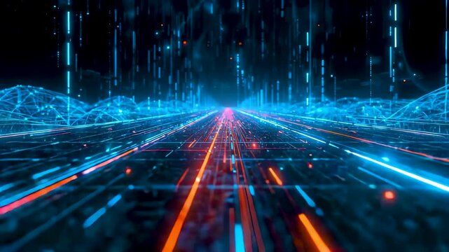 Glowing Digital Data Grid with Neon Light Trails and Network Points Creating High Technology Cyberspace Landscape