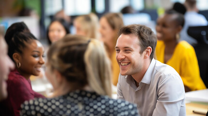 Fototapeta premium Panoramic shot of smiling faceless multicultural colleagues talking in creative agency diverse team collaboration international workplace open office discussion creative