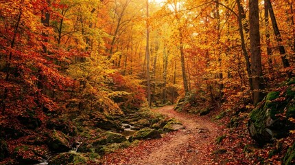 Fototapeta premium Vibrant Autumn Forest Path with Flowing Creek