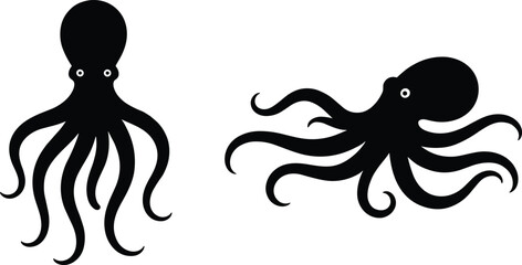 PrintBlack octopus silhouettes collection featuring upright and horizontal designs, marine animal vector illustration, tentacle shapes, ocean life graphic art © Niati