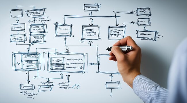 Business professional sketching flowchart diagram on whiteboard with marker. Hand-drawn boxes and arrows represent website structure planning in tech corporate meeting.