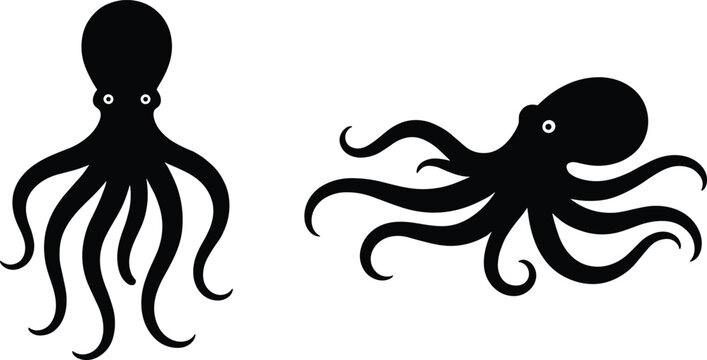 PrintBlack octopus silhouettes collection featuring upright and horizontal designs, marine animal vector illustration, tentacle shapes, ocean life graphic art