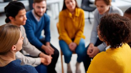 Fototapeta premium Top view of diverse faceless people sitting in close circle and talking to therapist cropped image of group receiving help and support during group therapy session concept