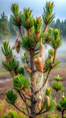 Obraz premium A photo of a pine tree with bagworm caterpillar cocoons and signs of infection on its branches, leaves curling up in distress Dense foliage with visi