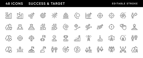 Icons. Success and target icon set. Core values, productivity, vision, success, innovation, consistency, achievement, target, focus and more. Editable stroke. Pixel Perfect. Grid base 32 x 32. © Russarts