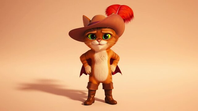 Animated puss in boots character isolated on peach background for childrens storytelling and educational purposes showcasing feline adventure