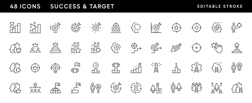 Icons. Success and target icon set. Core values, productivity, vision, success, innovation, consistency, achievement, target, focus and more. Editable stroke. Pixel Perfect. Grid base 32 x 32.