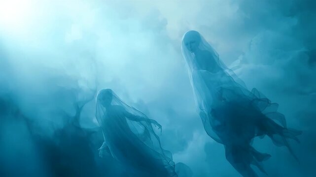 Mysterious Human Figures Moving Through Deep Blue Underwater Scene with Floating Hair and Dramatic Light in Dreamlike Ocean Atmosphere